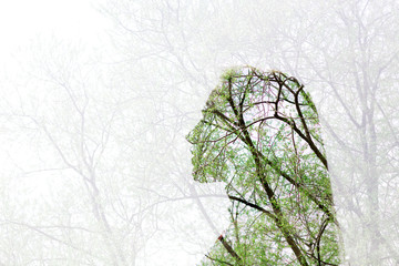 Silhouette of a young woman with summer green tree in her head. Multiple exposure. Cerebral vessels and circulatory and nervous system  head concept.