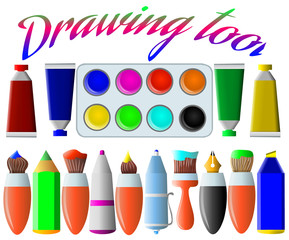 A set of drawing tools. Brushes, pencil, pen, marker, paint on a white background. Vector illustration.