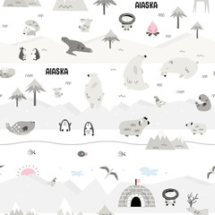 Large vector seamless pattern with Alaska inhabitants. Wild animals and nature. Scandi style. Children print. Wildlife