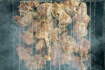 Grilled meat roasting on coals with fragrant smoke