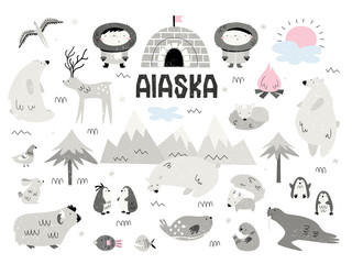 Animals of Alaska and Eskimos. Large vector set of elements, isolates, objects. Scandi style.. - 269700664