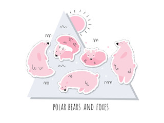 Vector set of stickers with pink polar bears and foxes. Alaska. Set of isolates. Scandi style