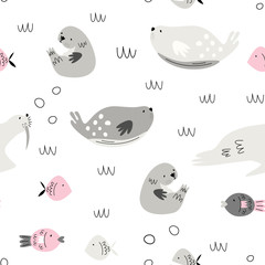 Vector seamless pattern with seals and fish. Alaska. Scandi style. Children print. Wildlife.