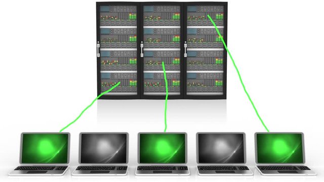 Animazione illustrazione 3D. Server computer dati.. Connessione e archiviazione dati computer, applicazioni..