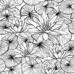 Seamless pattern with hand drawn water lilies. Black and white