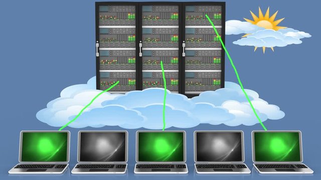 Animazione illustrazione 3D. Server computer dati.. Connessione e archiviazione dati computer, applicazioni..