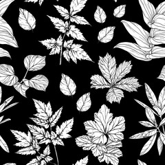 Seamless pattern with branches and leaves, hand drawn design elements. Black and white