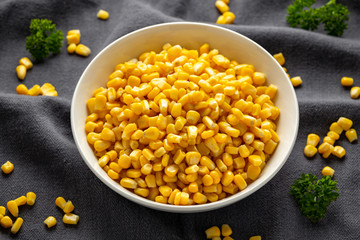 Sweet Corn in white bowl. Healthy food
