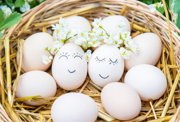 homemade eggs with beautiful faces and a smile. Selective focus.