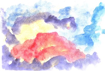 Red, blue, yellow and purple watercolor drops, spots, stains and splatter on a white background. Watercolor texture and template for design and designers. Abstract art image. Mockup.