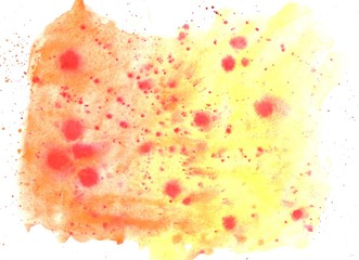 Bright orange and yellow space watercolor on a white background. Watercolor texture and template for design and designers. Abstract art image. Multicolored background. Copyspace for inscriptions.