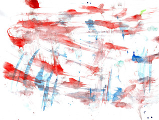 Multicolored bright red and blue watercolor drops, spots and brushes on a white background. Watercolor texture and template for design and designers. Abstract art image. Spaces for inscription.