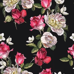 Selbstklebende Fototapeten Floral seamless pattern with watercolor roses and peonies © lesia_a