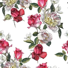 Glasschilderij Pioenrozen Naadloze bloemmotief met aquarel rozen en pioenrozen