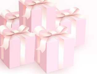 Wedding gift boxes with tender satin ribbon. Magic pink beautiful Gift closed boxes for girl, side view. Vector illustration.