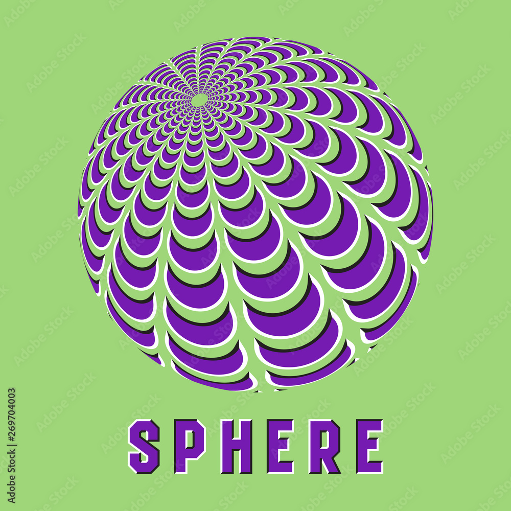 Poster abstract sphere logo symbol with motion illusion effect. purple globe emblem with moving crescents e