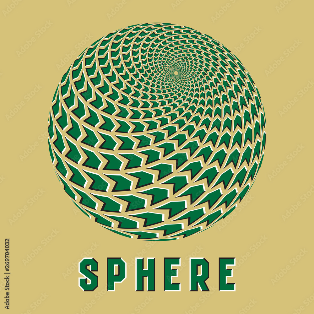 Poster abstract sphere logo symbol with motion illusion effect. green globe emblem with moving arrows shape