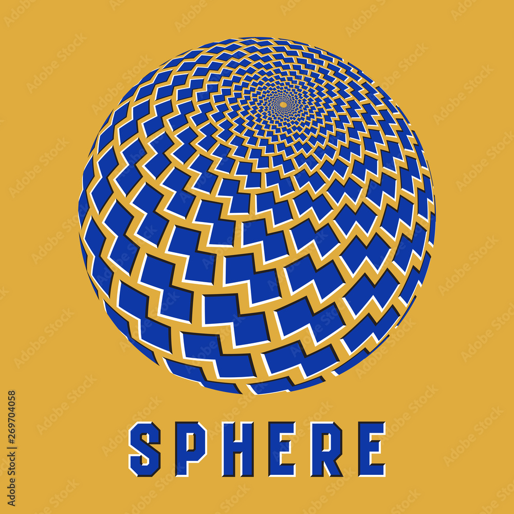 Poster abstract sphere logo symbol with motion illusion effect. blue globe emblem with moving polygons shap