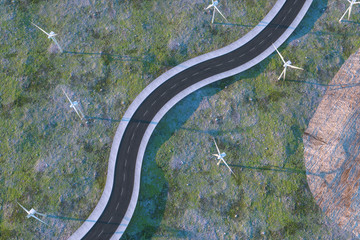 Windmills and winding road in the open, 3d rendering.