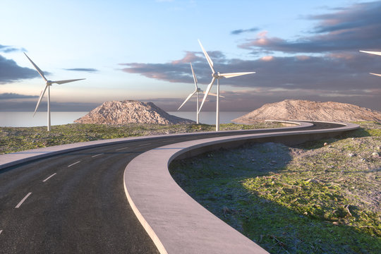 Windmills and winding road in the open, 3d rendering.