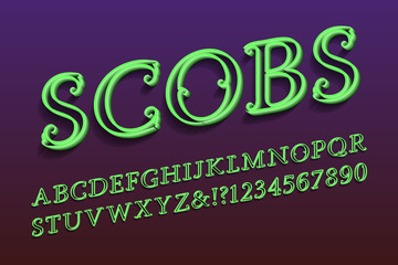 Scobs decorative letters and numbers. Green elegant 3d font. Isolated english alphabet.