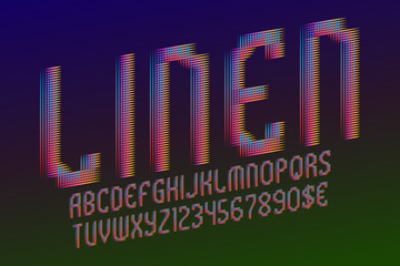 Linen letters with numbers and currency signs. Urban polychrome font. Isolated english alphabet.