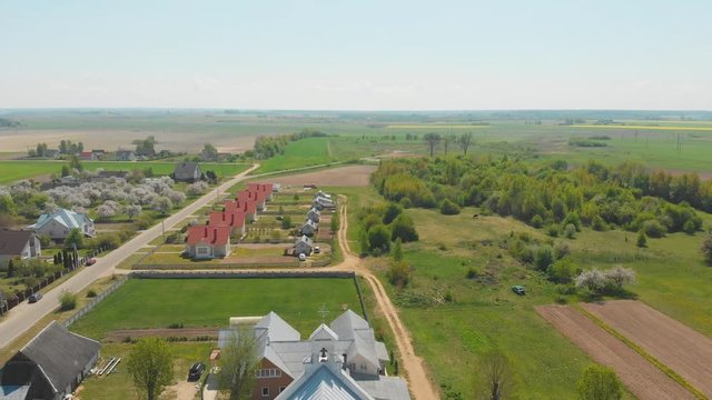 The Catholic Church of Our Lady of Ruzhantsova in the village of Radun. Belarus. Aerial view.