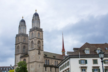 Fototapeta na wymiar Grossmunster. Romanesque Cathedral in Zurich. View of the Grossmünster. Zurich architecture.