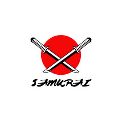 Samurai logo design with crossed sword vector template