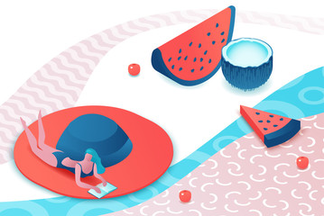 Girl relaxing, tropical spa background, summer party people, woman in swimsuit, cartoon hat, holiday concept, 3d isometric vector illustration - 269708029