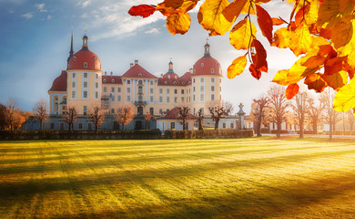 Wonderful Autumn Landscape during sunset. Amazing View of Moritzburg Castle near Dresden, Saxony,...