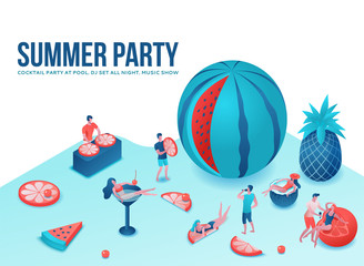 Summer party isometric 3d illustration with cartoon people in swimsuit at pool, drinking cocktail, relax, dj, music, recreation spa concept, watermelon, orange, summer event background, leisure time