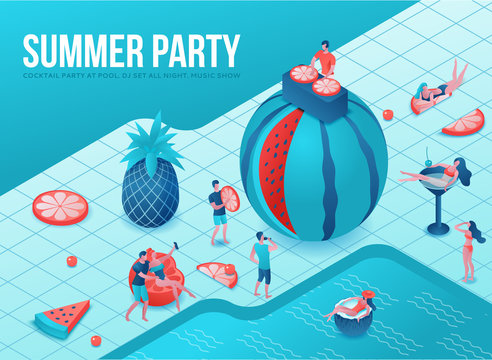 Pool party isometric 3d illustration with cartoon people in swimsuit, drinking cocktail, relax, dj, music, recreation spa concept, watermelon, orange, summer event background, leisure time