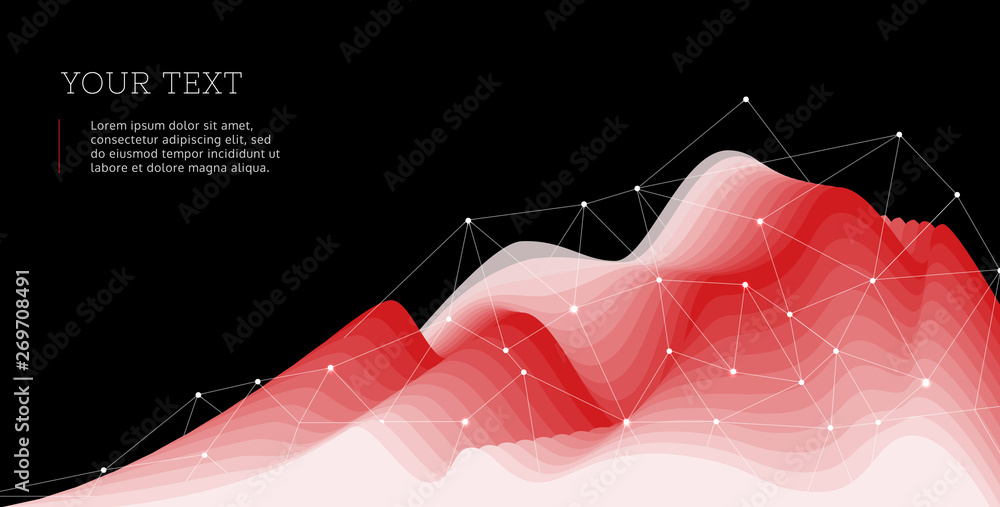 Poster abstract waves background with web lines above it on black backdrop and text headline