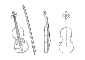 Outline silhouette of violin in different positions, front, back, profile with bow © YarM