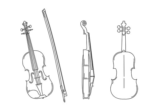 Outline silhouette of violin in different positions, front, back, profile with bow