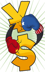 Yuan Punching Dollar and Vice Versa during Trade War, Vector Illustration