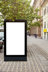 3d illustration. Vertical billboard with mock up place for your advertisement against city background. Blank advertising stand. Public information board over urban setting. Display box. Cityscape