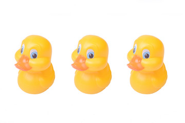 Plastic yellow duck toy isolated on white background