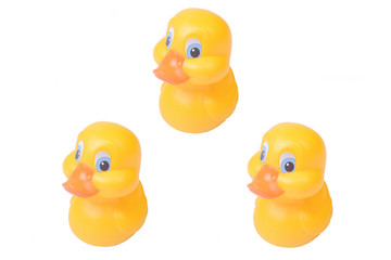 Plastic yellow duck toy isolated on white background