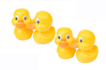 Plastic yellow duck toy isolated on white background