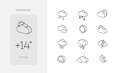 set of weather icons in modern 3d outline graphic, with interface template