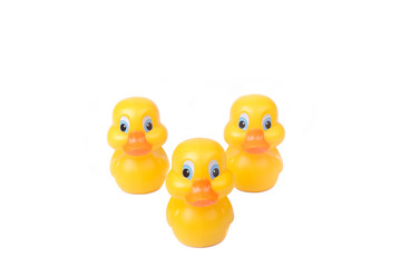 Plastic yellow duck toy isolated on white background