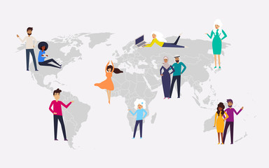 Design concept with world map, different characters people and background for website and mobile website. Vector illustration.