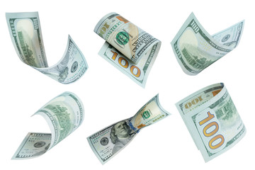 Flying money on white background. dollars, banknotes.