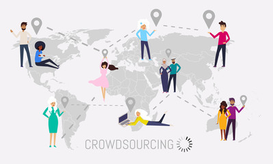 Design concept of crowdsourcing with world map, different characters people and background for website and mobile website. Vector illustration.