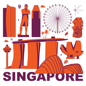 Singapore culture travel set, famous architectures and specialties in flat design. Business travel and tourism concept clipart. Image for presentation, banner, website, advert, flyer, roadmap, icons.