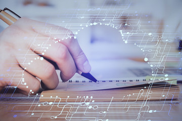 Writing Man hands with data theme multi exposure icons.