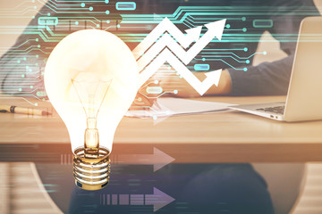 Innovative your business. Idea concept icon on writing man's hand background. Multi exposure.