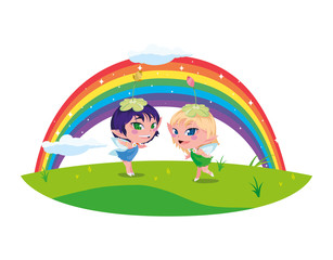 beautiful magic fairies with rainbow scene